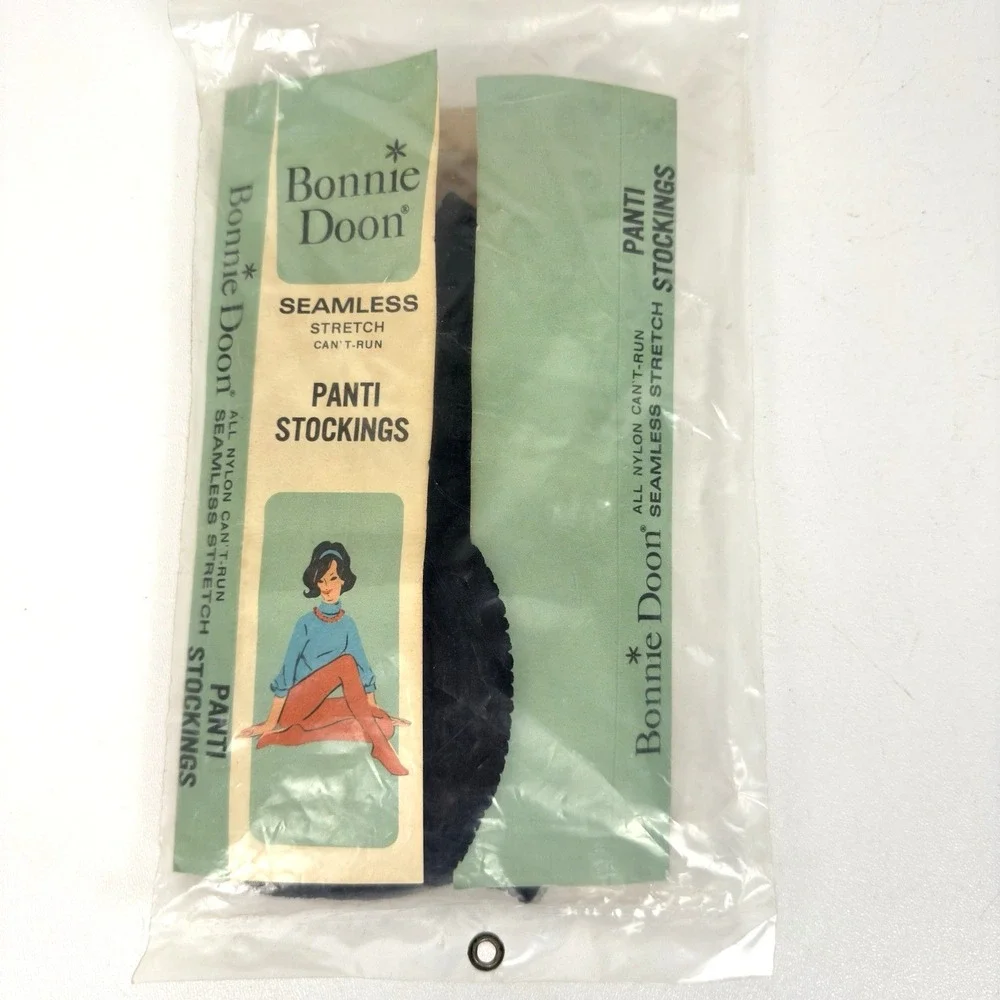 Vtg Bonnie Doon Pantyhose Panti-Stocking Large Black Nylons Seamless 60s Italy